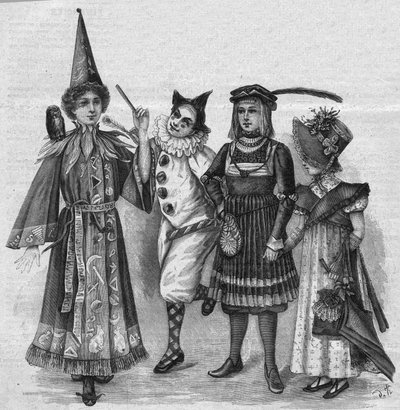 儿童服装：女巫服装、小丑、页面和 "帝国"。1896年1月23日的 "La gazette du dimanche "上的雕刻。 作者 法语学校