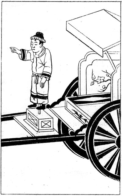 中国的契约。日本磁车的磁像，在658年，这个人物的手指总是指向南方，引导着路线和探险。雕刻在 "La Nature.科学及其在艺术和工业中的应用》杂志上的版画。 作者 法语学校