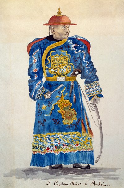 安汶的中国船长，摩鹿加群岛，儒勒-路易-勒让的水彩画，基于《环球航行》。 作者 法语学校