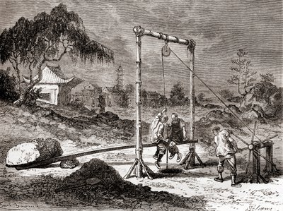 Chinese workers in the 19th century digging a well for the extraction of salt water, from 
