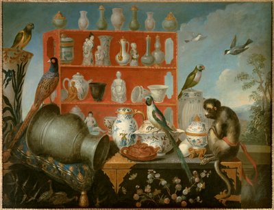 中国装饰画的叠加。瓷器、猴子和鸟的静物画。18世纪的匿名法国绘画。巴黎，装饰艺术--中国传统艺术的 "变形画"。瓷器、猴子和鸟的静物画。佚名 英国 作者 法语学校