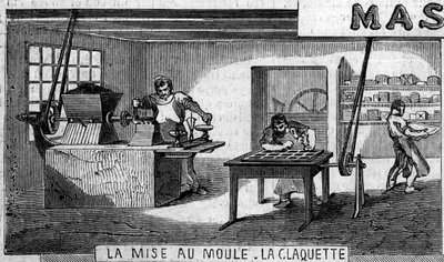巧克力制造：称重和模具，水龙头。Usine de M. Masson, 巴黎 作者 法语学校