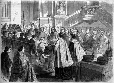 Christian Rite - Holy Thursday - 1860: the washing of the feet in the church of Saint Sulpice in Paris. Engraving in “” Le Monde Illustré”” n°156 of 7 April 1860. 作者 French School