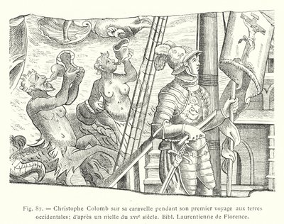 克里斯托弗·哥伦布 (Christopher Columbus) 第一次去西方国家旅行时在他的帆船上； 基于 16 世纪 niello，Bibl Laurentienne de Florence（雕刻） 作者 法语学校