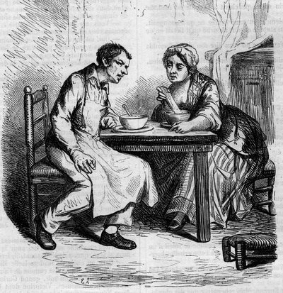 克里斯托夫和胖子西尔维：仆人在吃早餐。19世纪中期的雕版画。为Honore de Balzac (1799-1850)的 "The Father Goriot "插图。 作者 法语学校