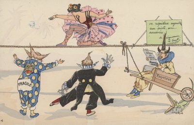 马戏团场景，来自一组相互连接的明信片（彩色石版画） 作者 法语学校