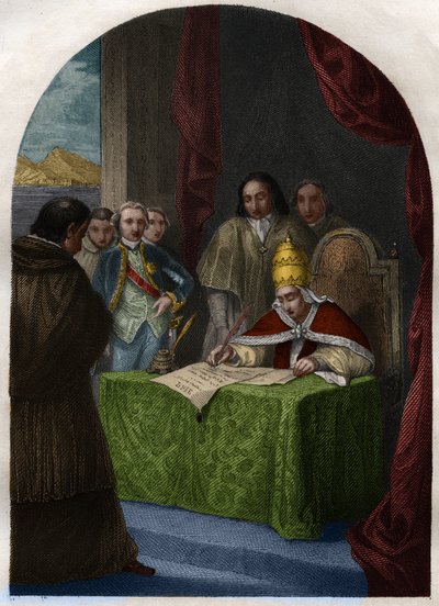 克莱门特十四世（Clemente或Clemens）（1705-1774）于1773年7月21日废除了耶稣会。雕刻于1842年的《教皇的历史：犯罪、谋杀、中毒、弑父、通奸、乱伦......》，作者是莫里斯-拉夏尔。私人收藏。 作者 法语学校