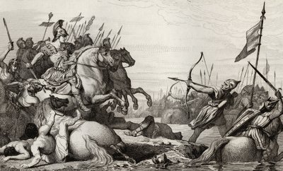 Clodion，The Hairy（c.428-47）在被Aetius击败之后撤退，从Colart的“Histoire de France”中脱颖而出，出版于1840年 作者 法语学校