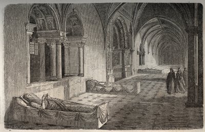 Cloitre de Fontevrault with statues of Henri II - Eleonore de Guyenne - engraving in “Histoire de France” by Victor Duruy (1811-1894) - 1882 作者 法语学校