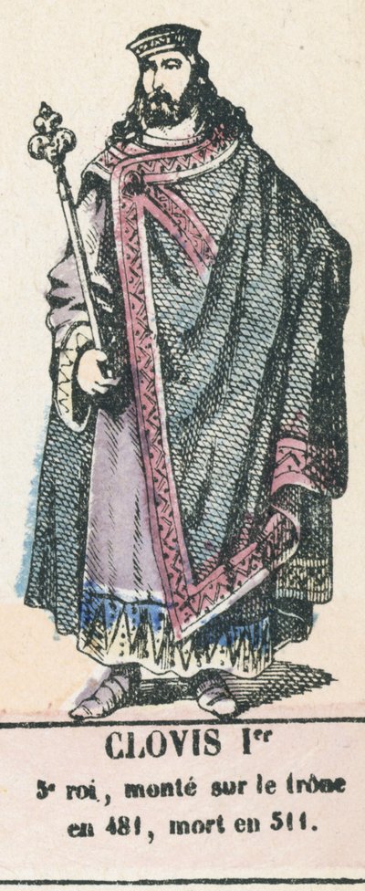 克洛维斯一世，第五任国王，481年登基，511年去世（彩色雕刻）。 作者 法语学校