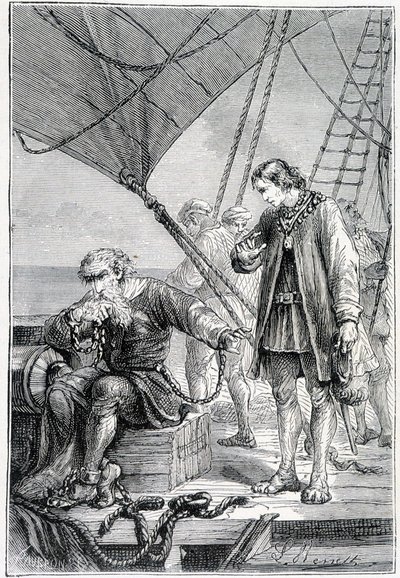 哥伦布被绑定为恶棍（在甲板上），生病了。 儒勒·凡尔纳 (Jules Verne) 编着的“Discovery de la Terre”。 黑泽尔，未注明日期 19 日。 作者 法语学校