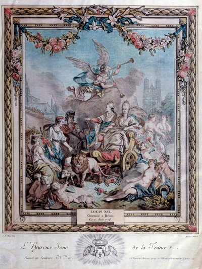 纪念路易十六（1754-1793）1775年6月11日在兰斯的加冕仪式。雕版画。巴黎。阿森纳图书馆 作者 法语学校