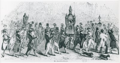 庆祝环法自行车赛的同伴们，约1845年（雕刻）（黑白照片）。 作者 法语学校