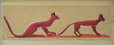 描述两只野生猫的原始的古老埃及壁画的拷贝 作者 法语学校