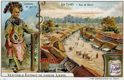 Coree：首尔街和女性服装 - chromo Liébig, v.1900 作者 法语学校