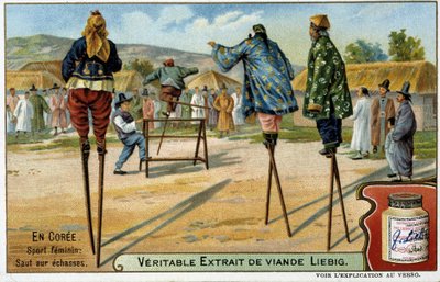 Coree: female sport of jumping on stilts - chromo Liébig, v.1900 作者 法语学校