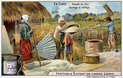 Coree：水稻收割、编织和脱粒 - chromo。 Liébig, v.1900 作者 法语学校