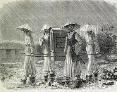穿着轿子（Coreens 的雨衣）的 Coreens 抬着一把椅子。插图摘自前海军军官 H. Zuber 先生（1866 年）的 "朝鲜探险"--载于 "Tour du Monde"。 作者 法语学校