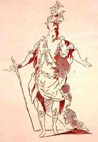 河神的服装设计，来自于Menus Plaisirs收藏，A. Guillaumot Fils的传真，约1750年（彩色平印）。 作者 法语学校