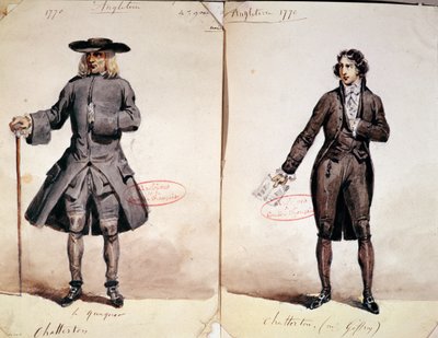 Alfred de Vigny（1791-1863）首次生产Chatterton的服装设计：Quaker和Geffroy饰演Chatterton，1835年（纸上写着） 作者 法语学校