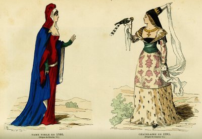 1386 年和 1395 年（查理七世统治时期，1403-1461 年）贵妇的服饰。彩色版画，载于奥古斯丁-查拉梅尔（Augustin Challamel）编著的《穿越世纪的法国和法国人》（France et les francais a travers les centuries），F.Roy 编辑，巴黎，1882 年。塞尔瓦收藏。 作者 法语学校
