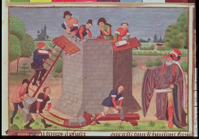 Cott Aug V fol.22 《建造巴别塔》，《Le Tresor des Histoires》（牛皮纸）中的缩影 作者 法语学校