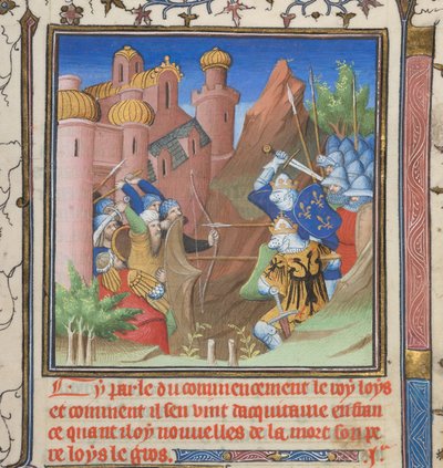 Cotton Nero E II pt.1，f.222，路易七世及其父亲之战，选自 Grandes Chroniques de France（《法兰西纪事》）。 作者 法语学校