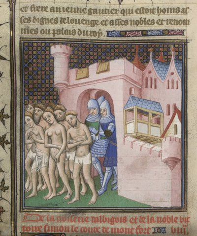 Cotton Nero E. II pt.2, f.20v 1209 年从卡尔卡松驱逐阿尔比根人，选自 "Grandes Chroniques de France"，约 1415 年（纸面墨水、彩色和金色）。 作者 法语学校
