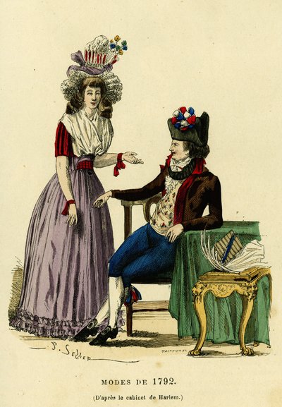 1792 年的时尚情侣。在绘制哈莱姆的橱柜后进行彩色雕刻，在“France et les francais a travers les siecles”中，Augustin Challamel，F.Roy 编辑，巴黎 1882。Selva 收藏。 作者 法语学校
