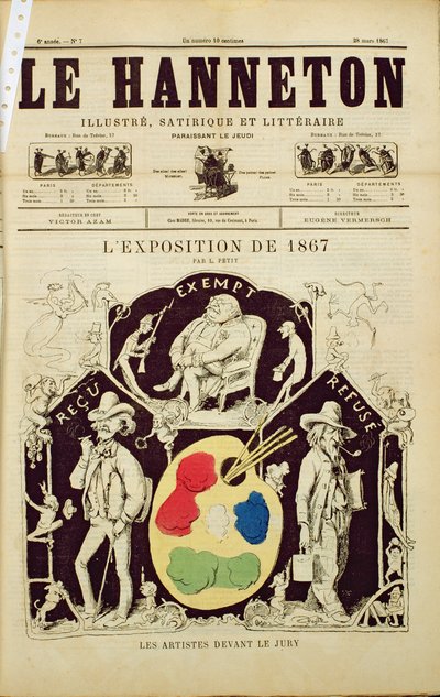 Le Hanneton的封面，描绘了1867年3月28日1867年展览评审团前的艺术家 作者 法语学校