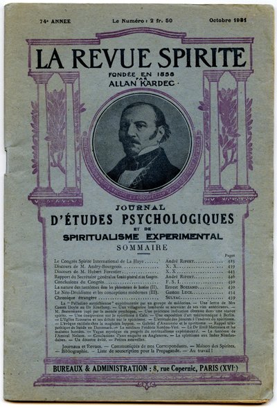 1931年10月杂志的创始人艾伦·卡德（Allan Kardec）的肖像印有“ La revue spirite”的字样 作者 法语学校