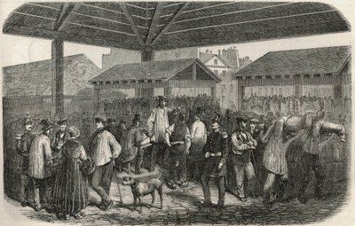 巴黎第一区普鲁瓦尔街市场上的克里族肉店--埃德蒙-特克西尔1852年所作的 "巴黎表 "中的版画。 作者 法语学校