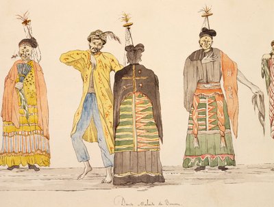 摩鹿加群岛布鲁岛的土著舞蹈，儒勒-路易-勒让的水彩画，基于《环球航行》。 作者 法语学校