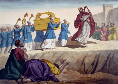 大卫护送约柜到耶路撒冷，插图来自教理问答LHistoire Sainte，由巴黎查尔斯德拉格雷夫出版，19世纪末 作者 法语学校