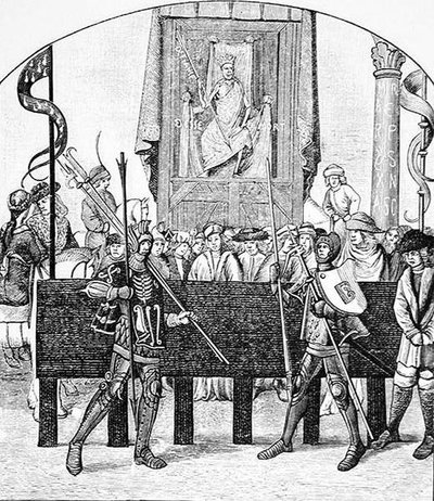主持战斗的死亡，来自Olivier de la Marche（1426-1501）写的Le Chevalier Delibere（坚决骑士）中世纪科学与文学和Renaissan的插图 作者 法语学校