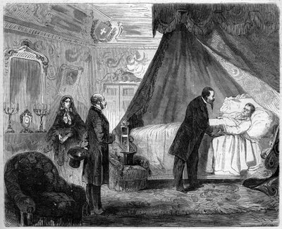 加富尔伯爵之死，1861 年 6 月 6 日：意大利国王维克多·伊曼纽尔二世 (Victor-Emmanuel) (Vittorio Emanuele)（1820-1878 年）在他去世的前一天拜访了加富尔伯爵卡米洛·本索（1810-1861 年）。 6 月 15 日第 218 期的“Le Monde Illustré”雕刻 作者 法语学校