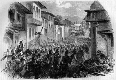 对抗法军的罗马保卫战。欧迪诺将军在1849年6月30日的雅尼库勒战役中夺取了罗马，并在7月追击革命者，回答教皇庇护九世。在 "Histoire des Papes-Rois-Queen and Empereurs a travers les centur "中的雕刻。 作者 法语学校