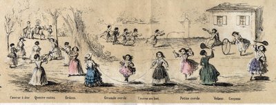 儿童爱好和游戏的描述：女孩游戏、四角游戏、跳绳、奔向目标、吊环和方向盘。儒勒-德尔布拉克（Jules DELBRUCK）创作的 "儿童游戏 "图版，雕刻自《儿童娱乐指南》。 作者 法语学校