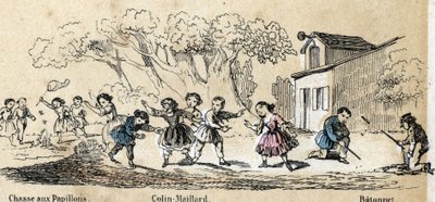描述儿童的休闲活动和游戏：户外游戏、捕蝶、踢球和棍棒。Jules DELBRUCK的 "les Recreations instructives" Synoptique绘画中的 "les jeux de l
