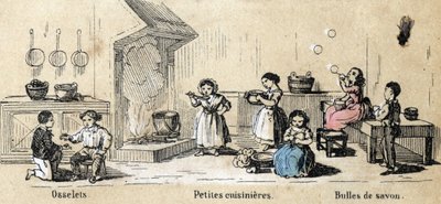 对儿童休闲和游戏的描述：室内游戏、Osselets、小女孩玩厨具和肥皂泡。Jules DELBRUCK的 "les Recreations instructives "中的 "les jeux de l