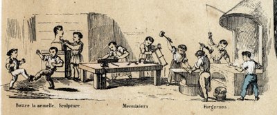 对儿童休闲和游戏的描述：小男孩学习成人计量器（雕塑家、铁匠和木匠）。Jules DELBRUCK的 "les Recreations instructives "中的 "les jeux de l