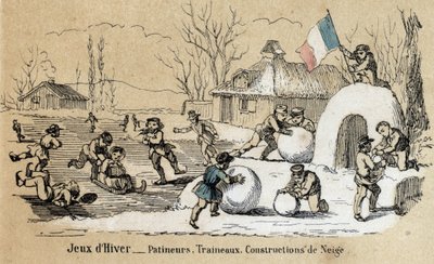 描述儿童的休闲和游戏：冬季游戏、滑冰、雪橇和造雪。Jules DELBRUCK的 "les Recreations instructives "中的 "les jeux de l