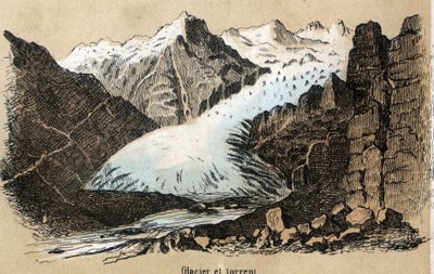 描述不同类型的景观和浮雕取决于地理环境：描绘山脉中的冰川（或冰海）的细节。"les Recreations instructives "中的 "自然地理 "板块 儒勒-德尔布鲁克的概要画。 作者 法语学校