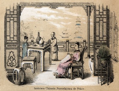 说明粘土的各个制造阶段和用途：中国室内的北京瓷器。Jules DELBRUCK创作的 "Les Recreations instructives "中的图版 "The clay and its products"，1860年的雕刻。私人收藏 作者 法语学校