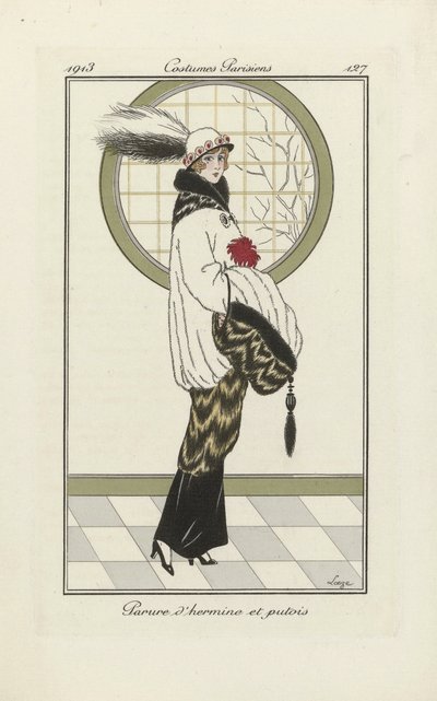 胭脂鱼和北极猫合奏设计》，选自《巴黎服装》，1913 年出版（pochoir 印刷品） 作者 法语学校
