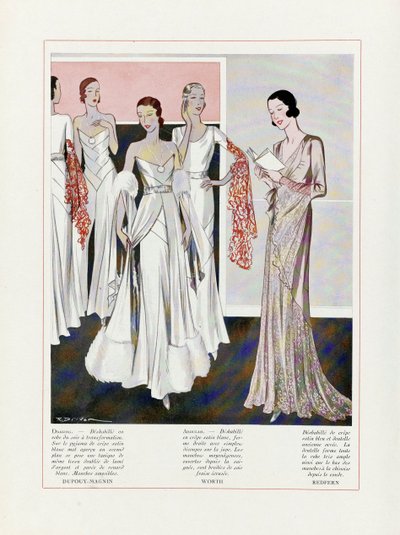 德普伊-马格南、沃斯和雷德芬的晚礼服设计，出版。1931年彩色石版画。 作者 法语学校