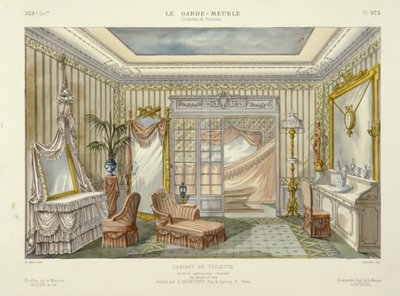 来自 Le Garde-Meuble 的浴室套房设计，巴黎，约 1890 年（彩色石版印刷）。巴黎，约 1890 年（彩色石版印刷） 作者 法语学校