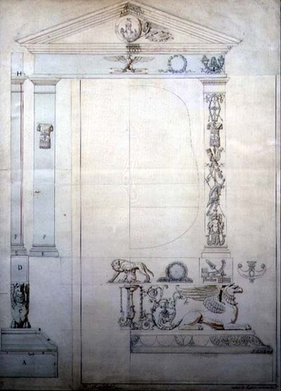 Cheval镜的设计，约1815年（纸上笔墨和水彩）。 作者 法语学校