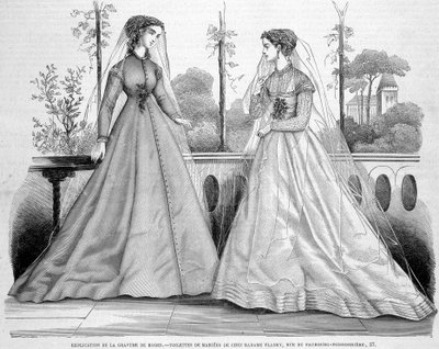 弗拉德里夫人的两位新娘洗漱用品 - 1867 年 9 月 29 日的“”La Mode illustrée”“”。 作者 法语学校