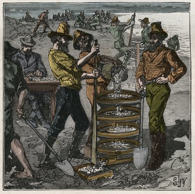 19世纪在南非洗钻石。雕刻于1885年的 "Les arts et metiers illustrstres"，作者是Adolphe BITARD。 作者 法语学校
